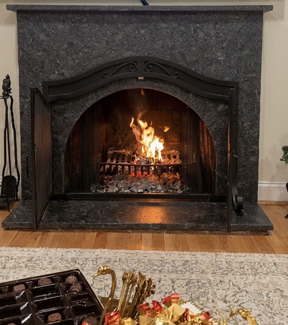 Cozy living room with fireplace, piano, and elegant furniture